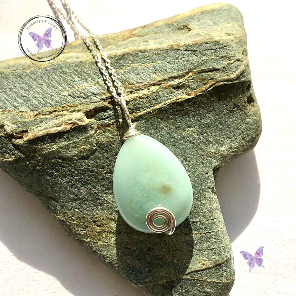 Amazonite Teardrop Silver Swirl Pendant