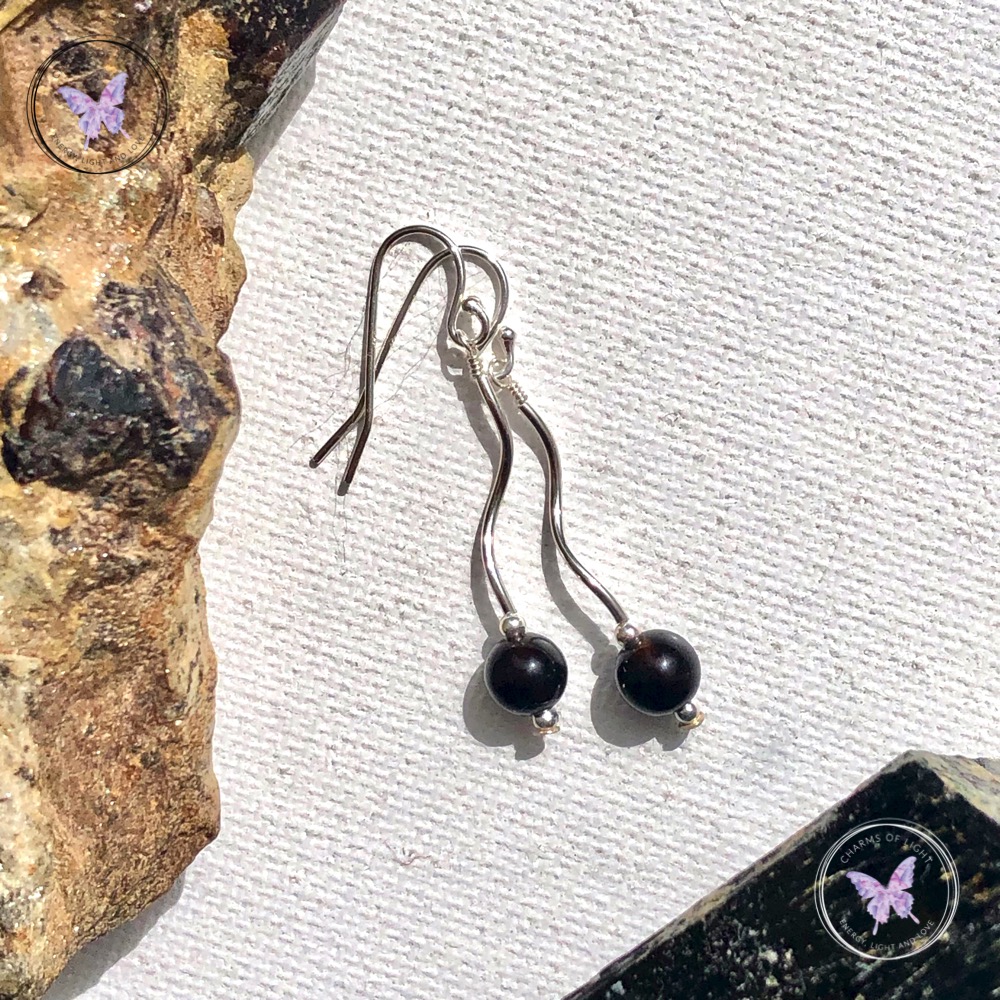 Black Agate Silver Twist Earrings