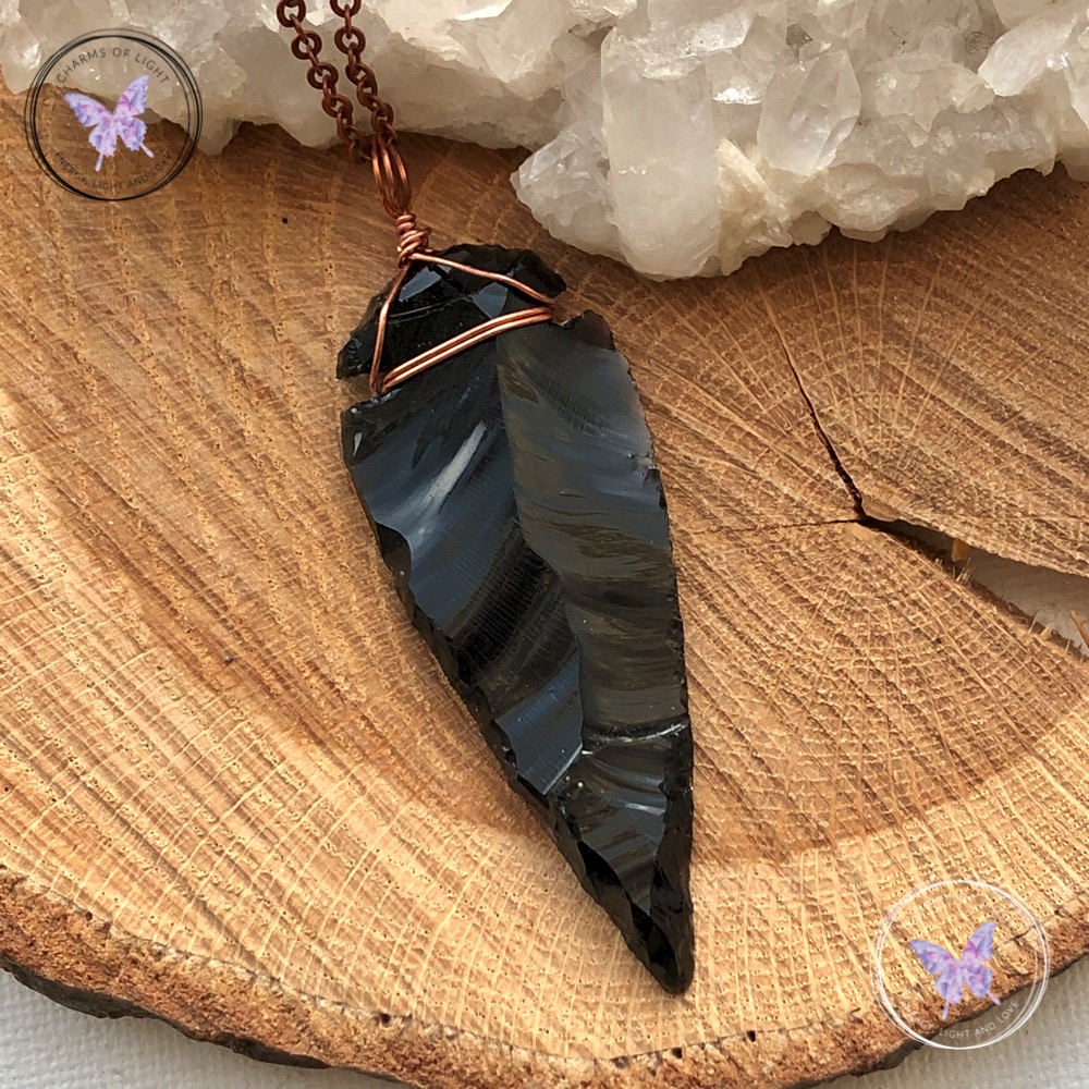 Natural Black Obsidian Arrowhead Crystal Pendant Necklace 22 inches Unisex