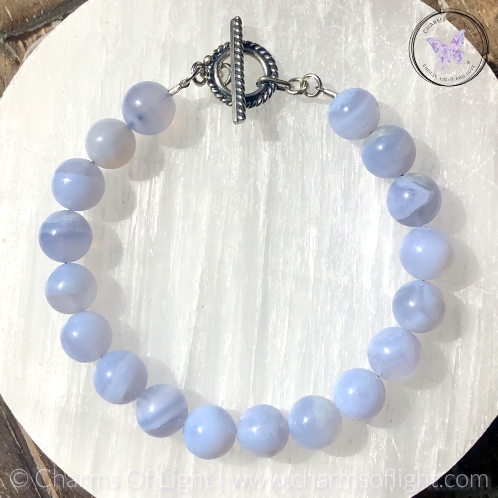 Blue Lace Agate Healing Bracelet with Silver Toggle Clasp