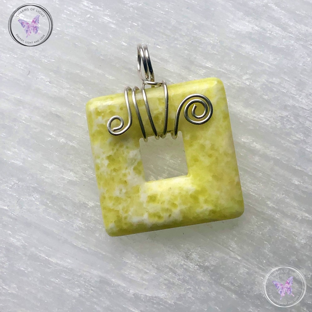 Butter Jade Square Donut Silver Wire Wrapped Pendant
