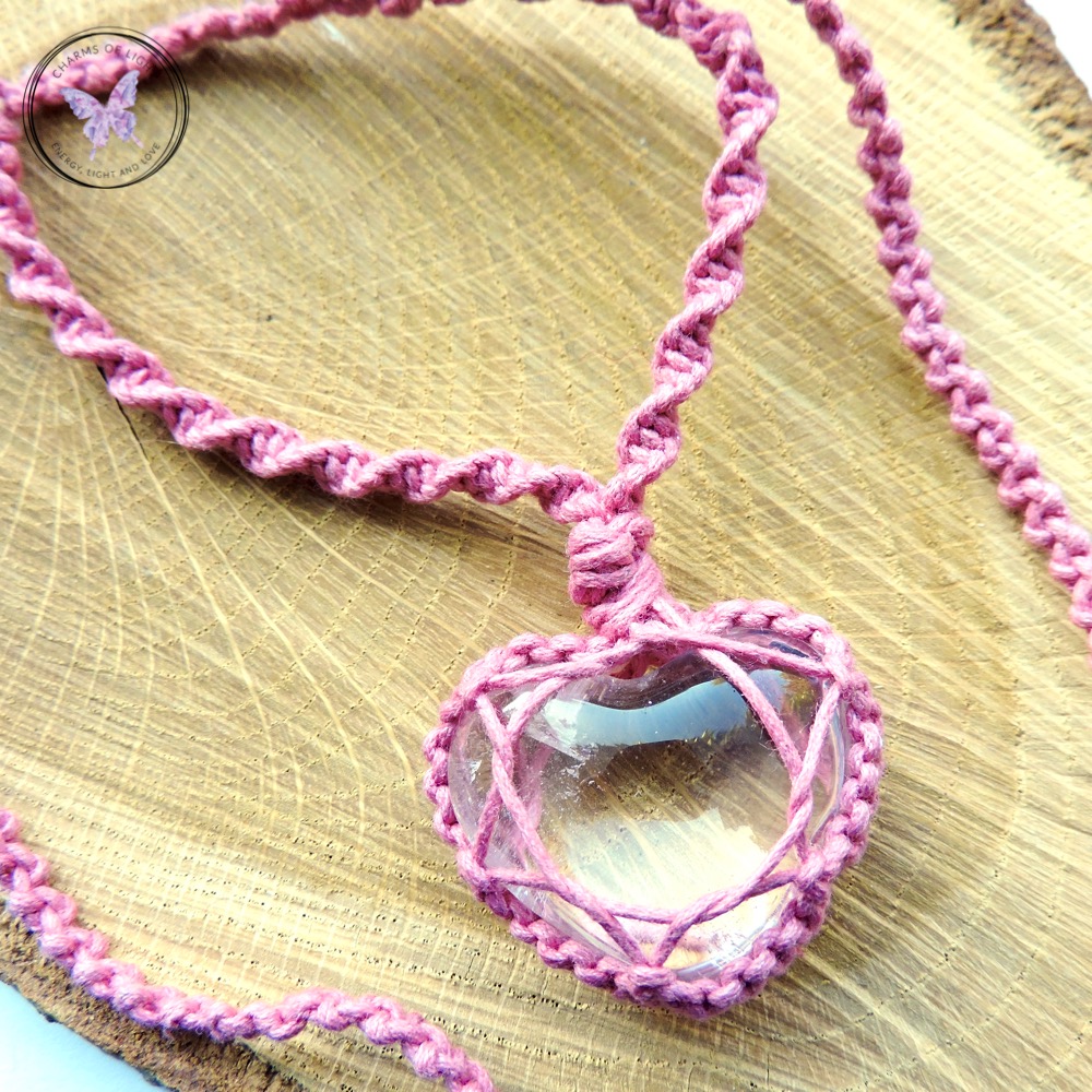 Clear Quartz Heart Macrame Necklace - Pink Cord