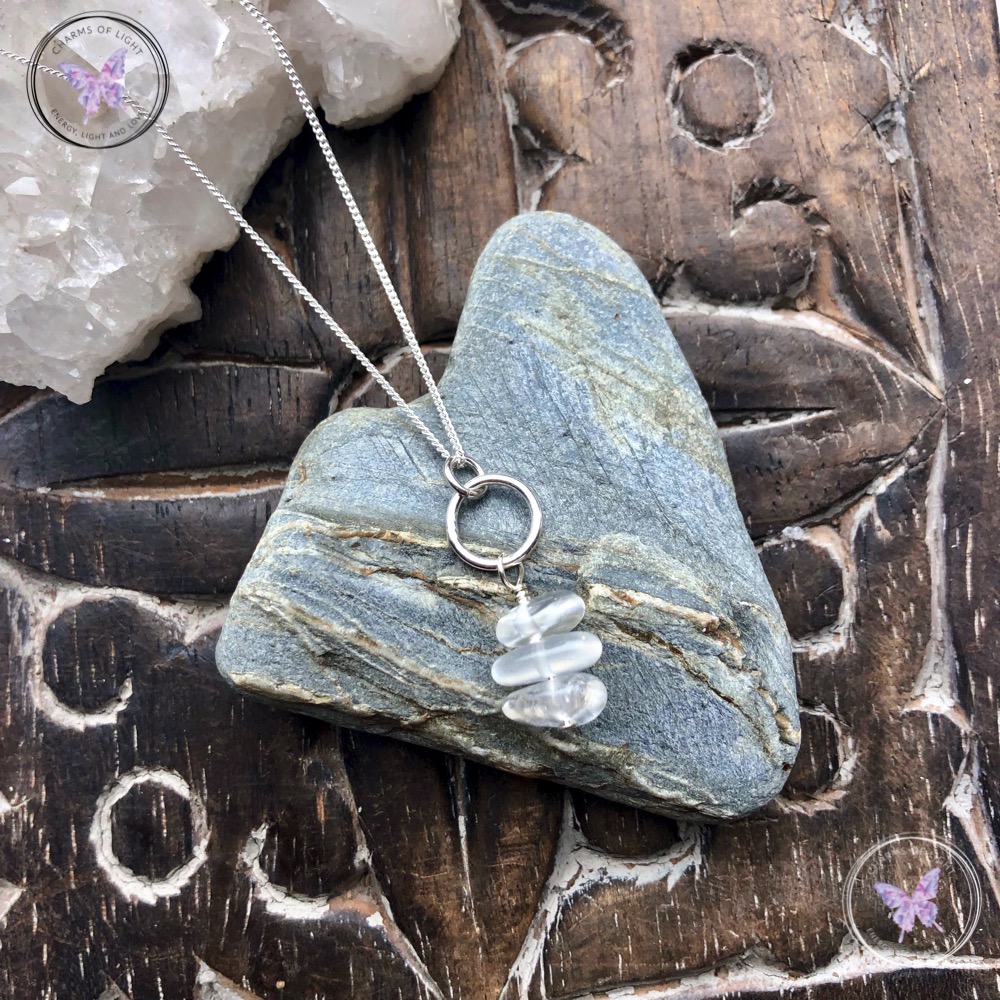 Clear Quartz Nugget Chip Silver Hoop Pendant Necklace