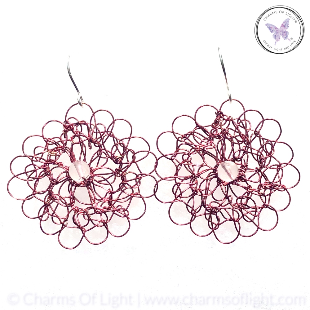 Copper Wire Crochet Medallion Earrings With Clear Quartz (Burgundy)