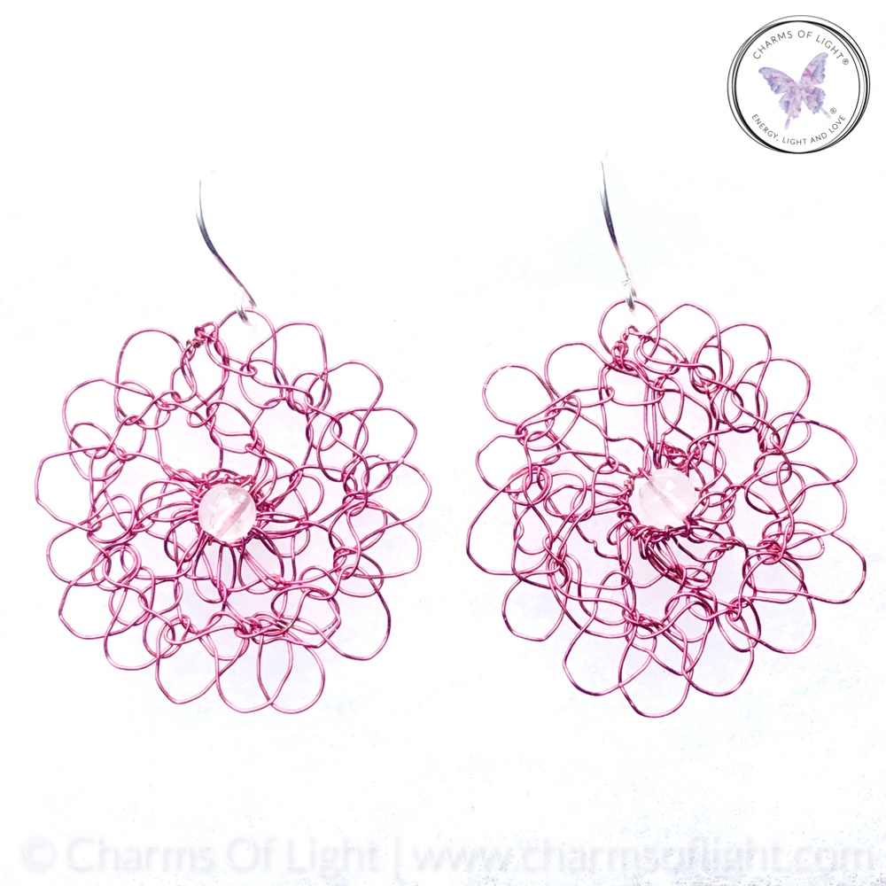 Copper Wire Crochet Medallion Earrings With Clear Quartz (Pink)