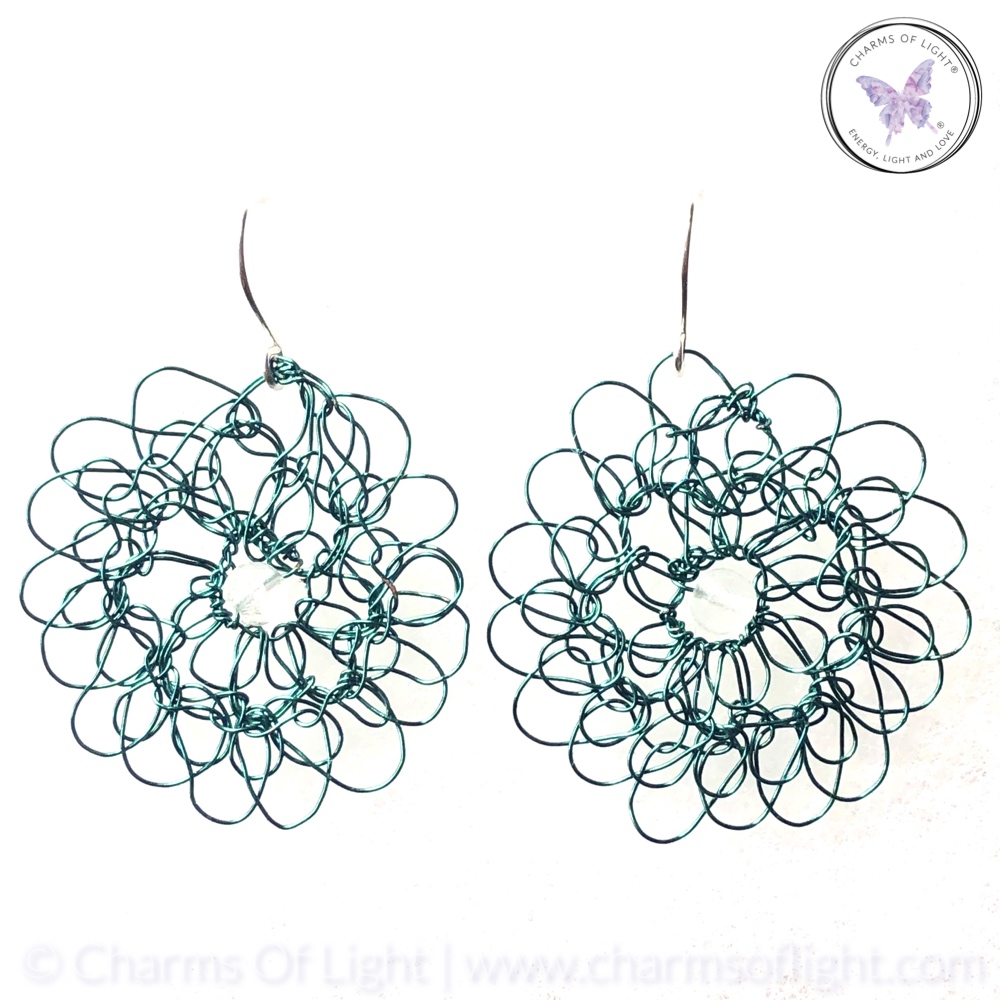 Copper Wire Crochet Medallion Earrings With Clear Quartz (Teal)