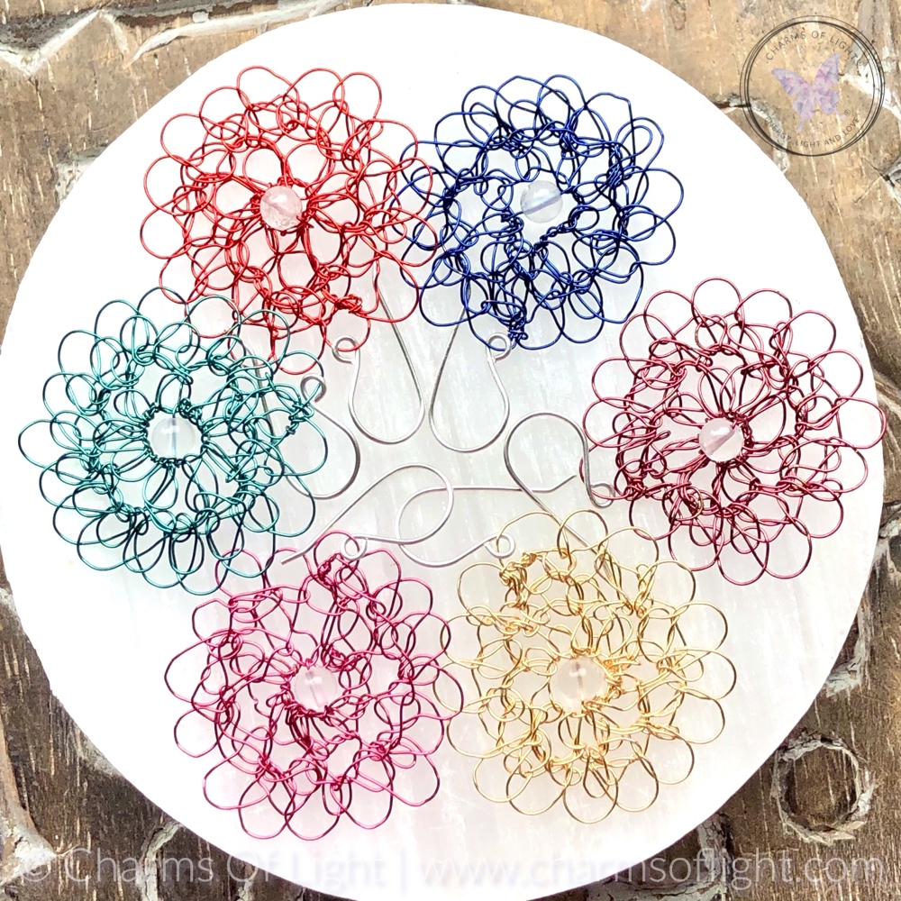 Copper Wire Crochet Medallion Earrings With Clear Quartz (Yellow Gold)