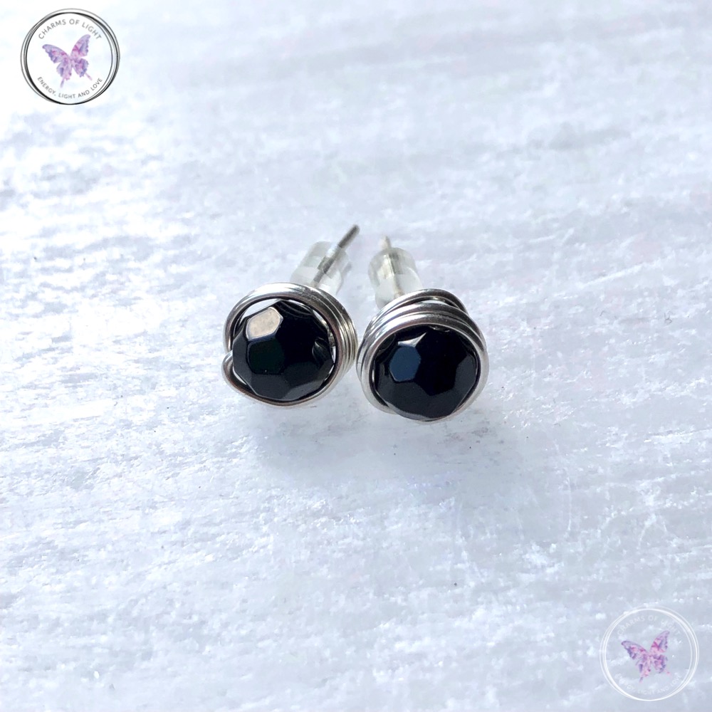 Faceted Black Onyx Silver Wire Wrap Stud Earrings