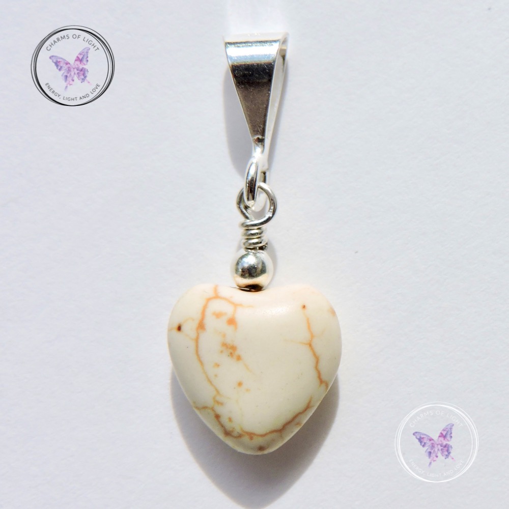 Sterling Silver Natural White Howlite Love Heart Pendant & Necklace in 2 Sizes 