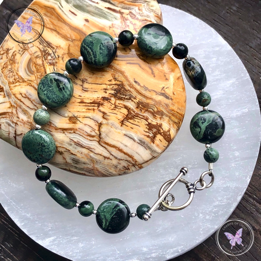 Kambaba Jasper Coin Bracelet with Silver Toggle Clasp