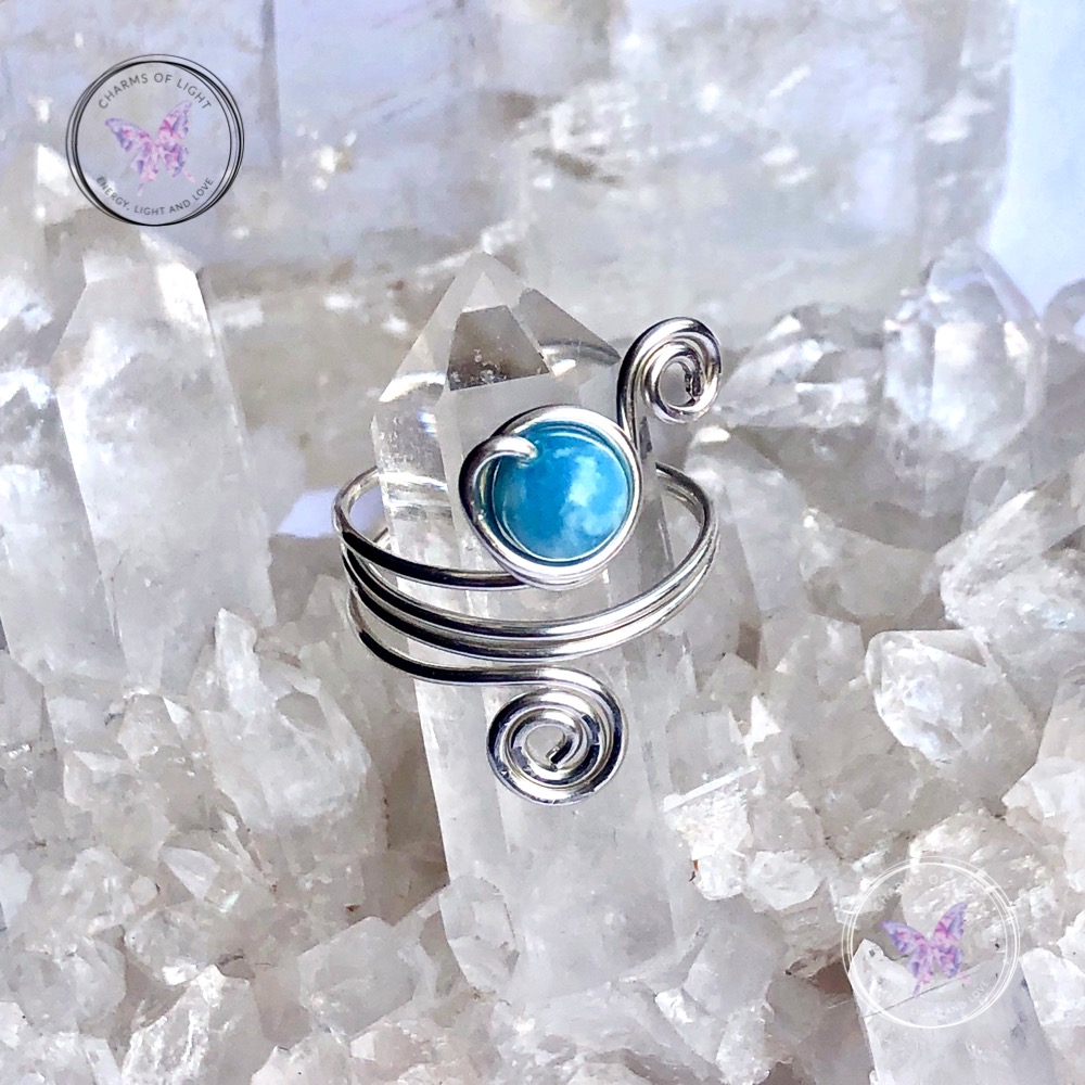 Larimar Sterling Silver Wire Wrapped Ring