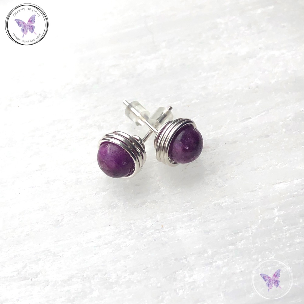 Lepidolite Silver Wire Wrap Stud Earrings