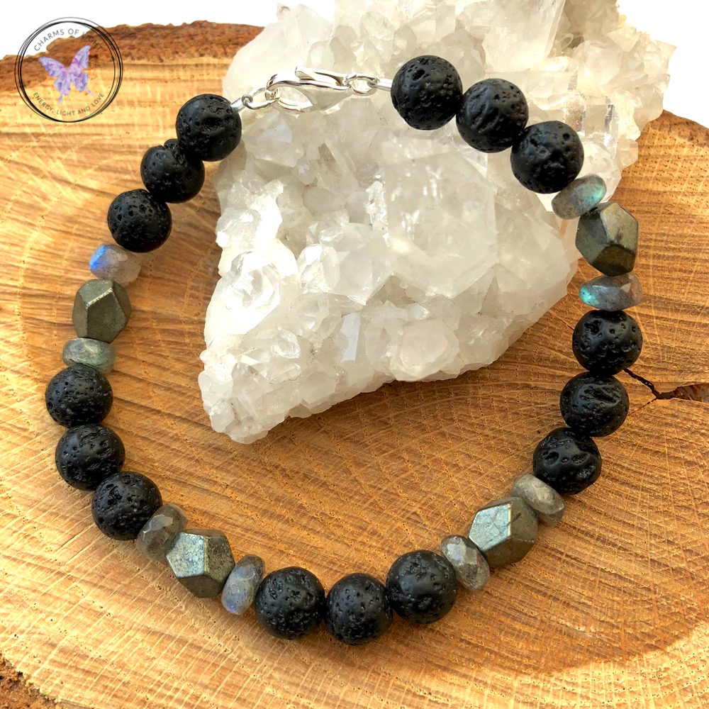 Labradorite and Lava stone elastic healing bracelet
