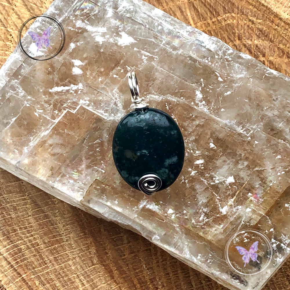 Moss Agate Oval Silver Swirl Pendant