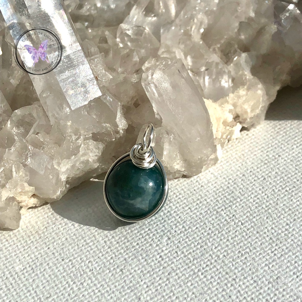 Moss Agate Silver Wire Sphere Pendant