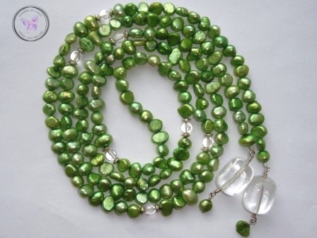 Pearl & Clear Quartz Lariat Necklace (Green)