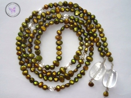 Pearl & Clear Quartz Lariat Necklace (Olive)