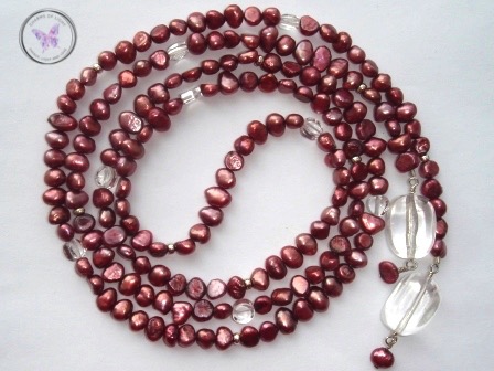Pearl & Clear Quartz Lariat Necklace (Burgundy)