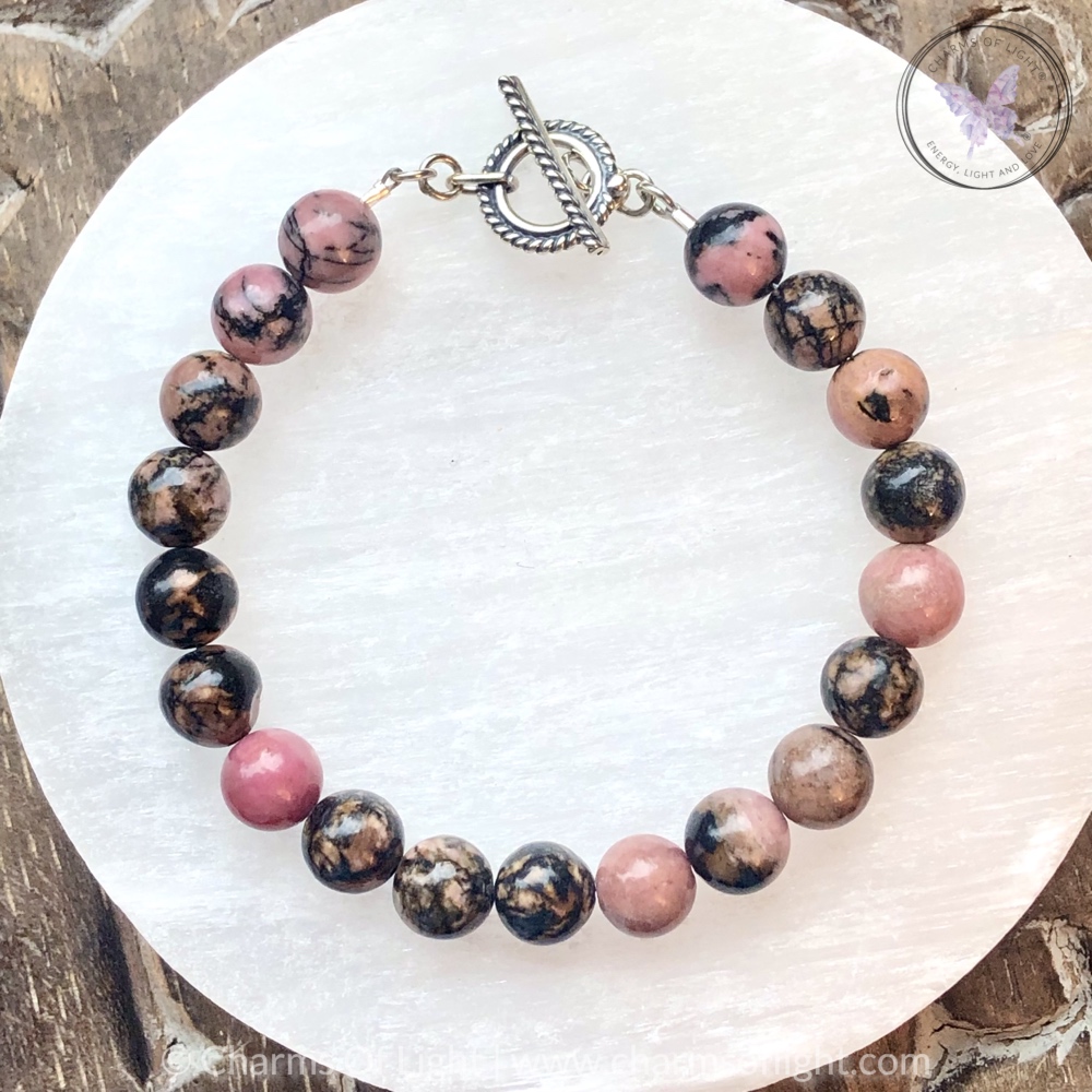Rhodonite Healing Bracelet with Silver Toggle Clasp