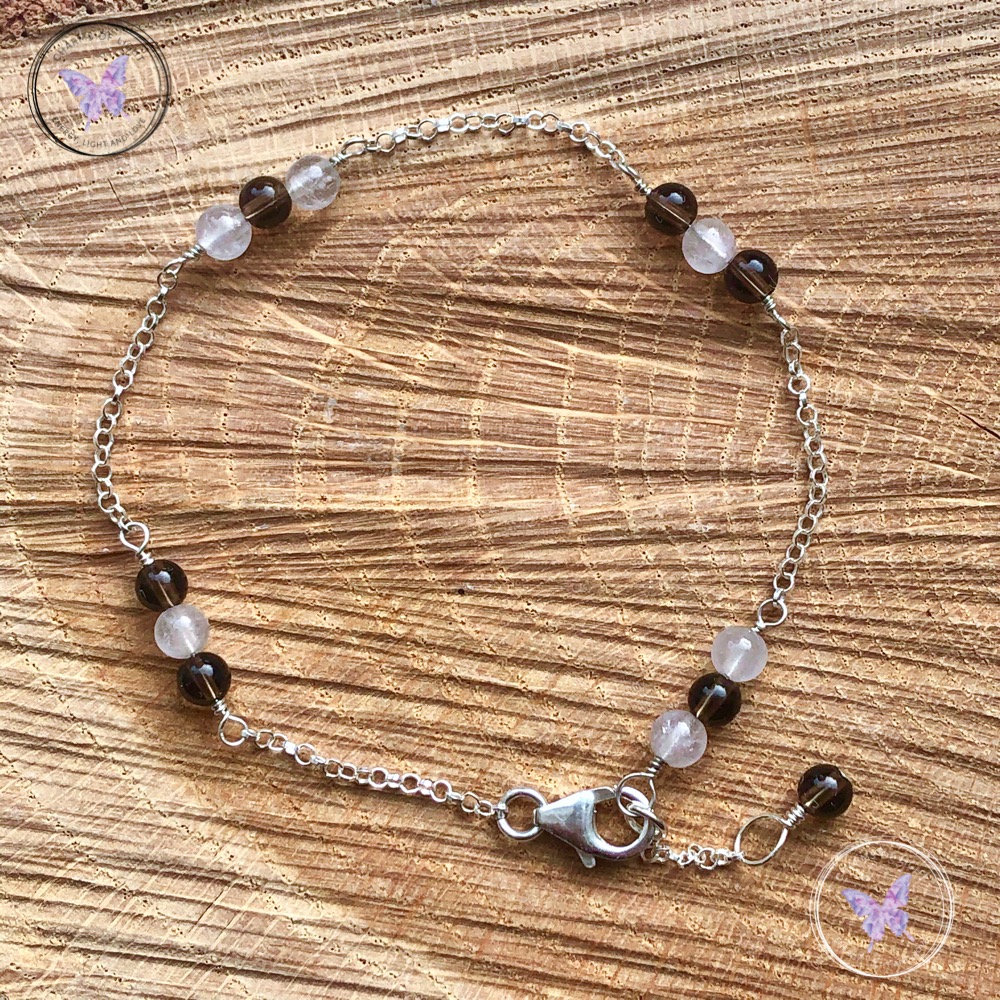 Rose Quartz & Smokey Quartz Silver Chain Bracelet