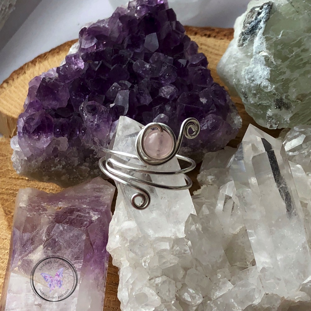 Round Rose Quartz and Sterling Silver Wire Wrapped Ring Custom made to size 4-14 