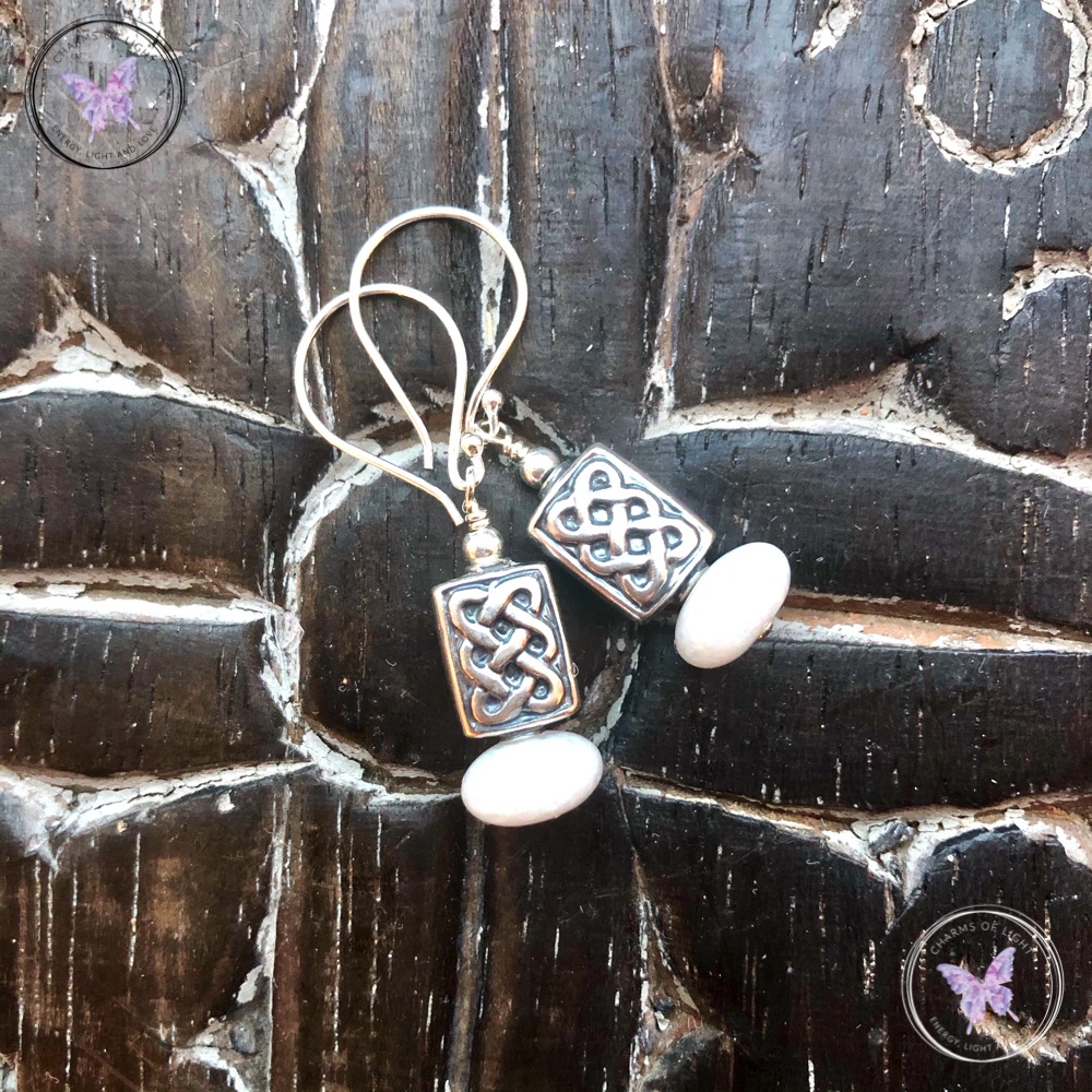 Silver Celtic White Agate Earrings