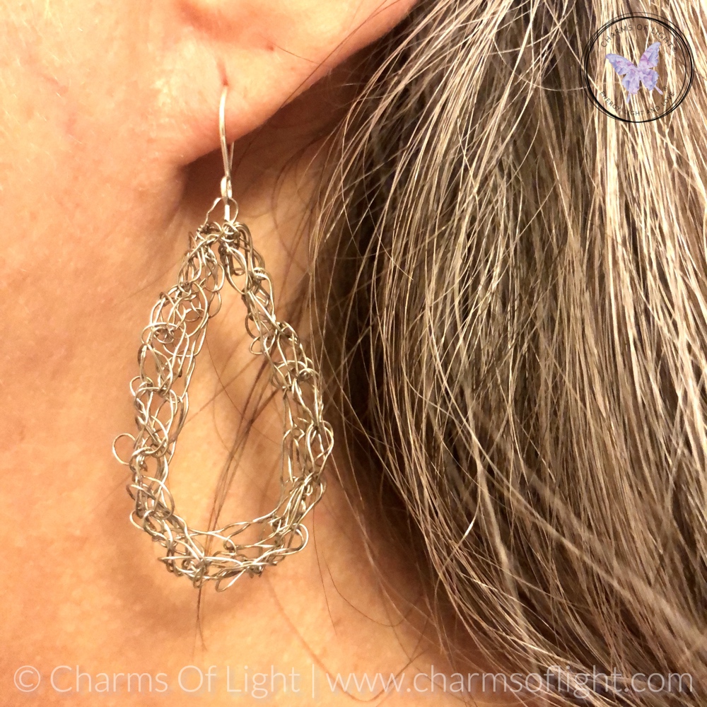 Silver Wire Crochet Teardrop Earrings