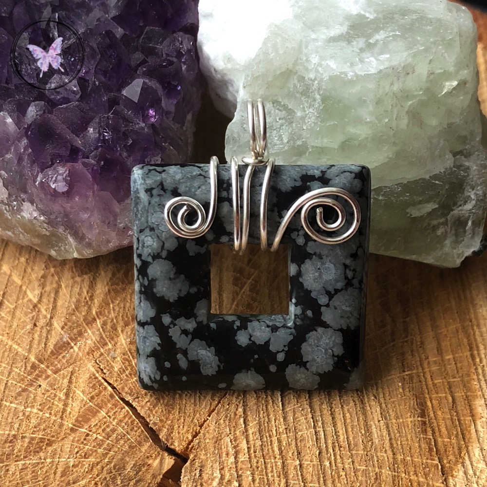 Snowflake Obsidian Square Donut Silver Wire Wrapped Pendant