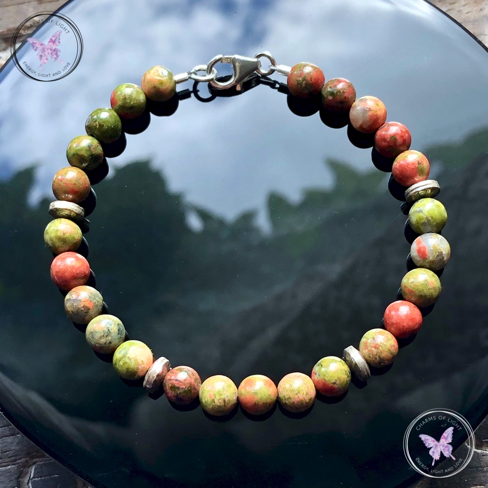 Unakite Bead Bracelet with Silver Discs