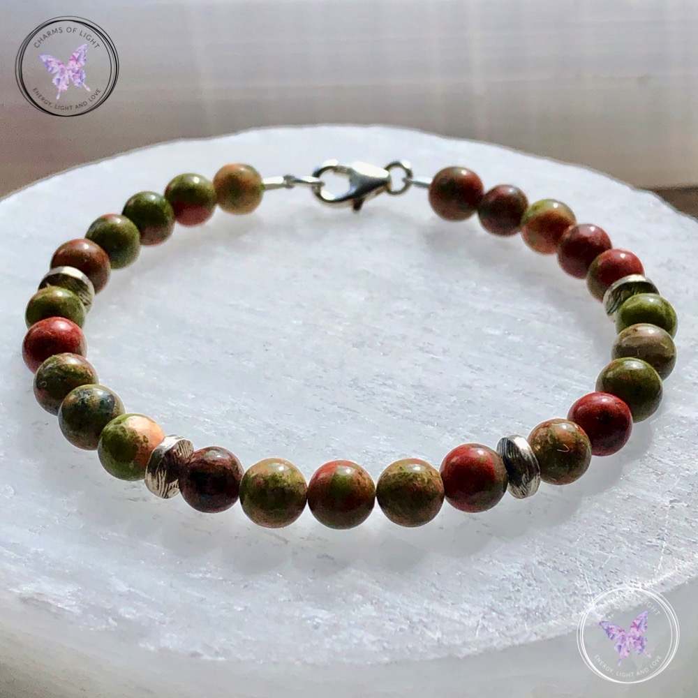 Unakite Bead Bracelet with Silver Discs