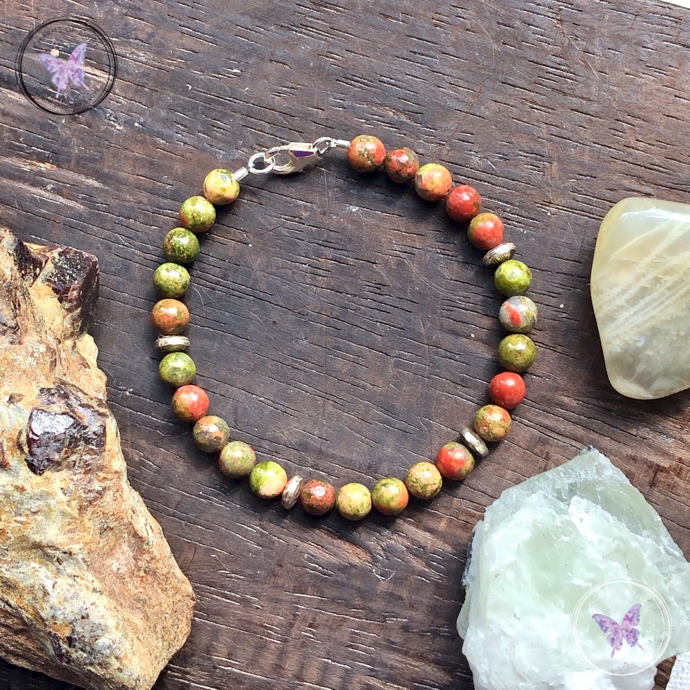 Unakite Bead Bracelet with Silver Discs