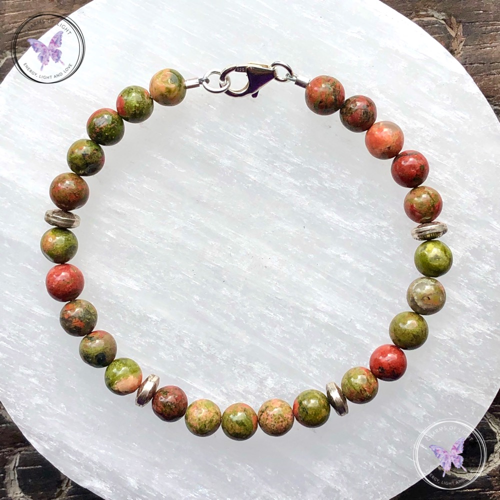 Unakite Bead Bracelet with Silver Discs